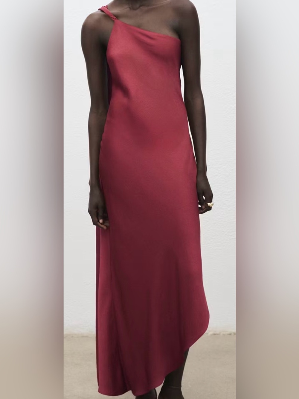 Mango One-Shoulder Burgundy Satin Evening Dress